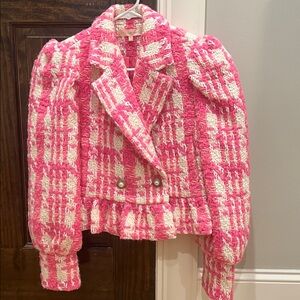 LoveShackFancy Pink and Cream Tweed Peplum Blazer